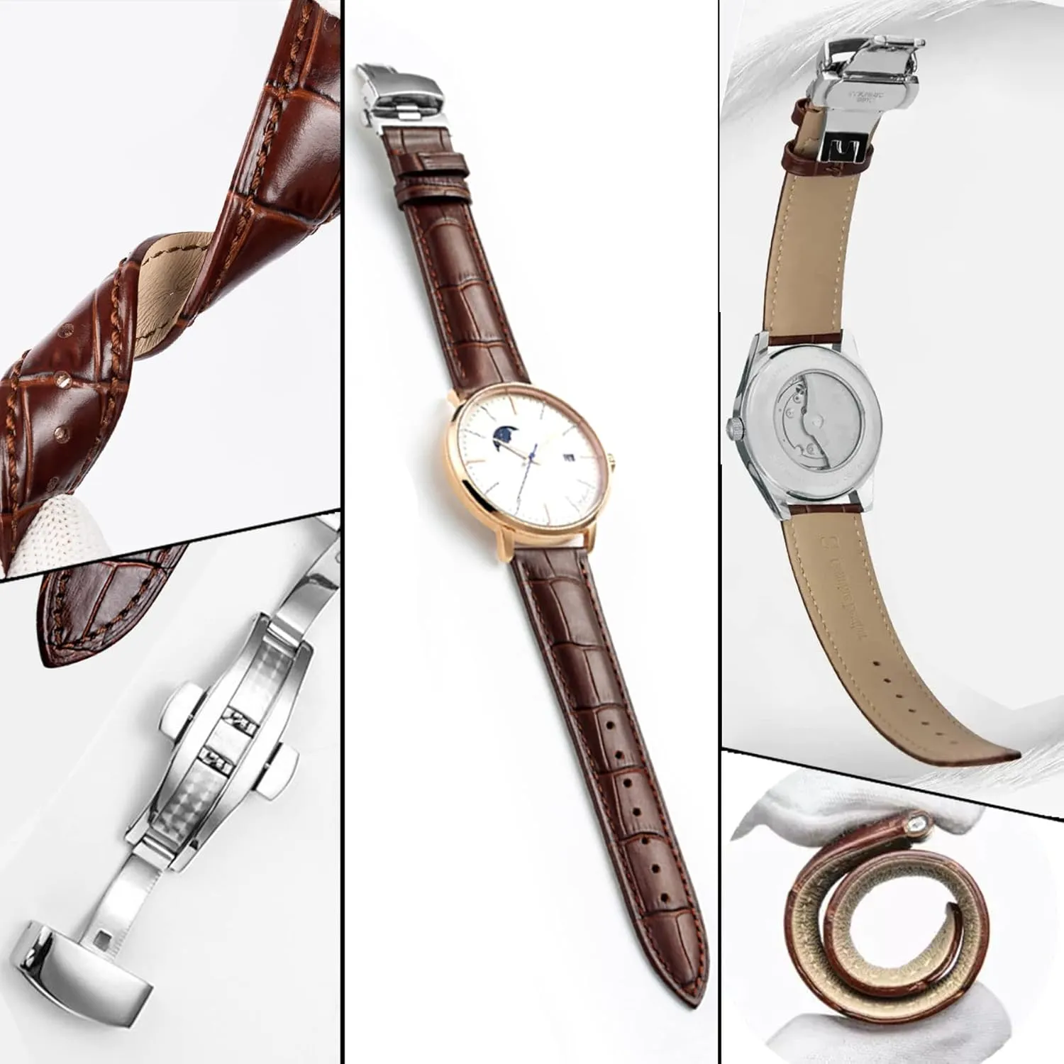 Deployment Butterfly Buckle Replacement Strap for Men Women 18mm 20mm pheromone buck 22mm 24mm Genuine Calfskin Leather Watch Band,Alligator Grain 
