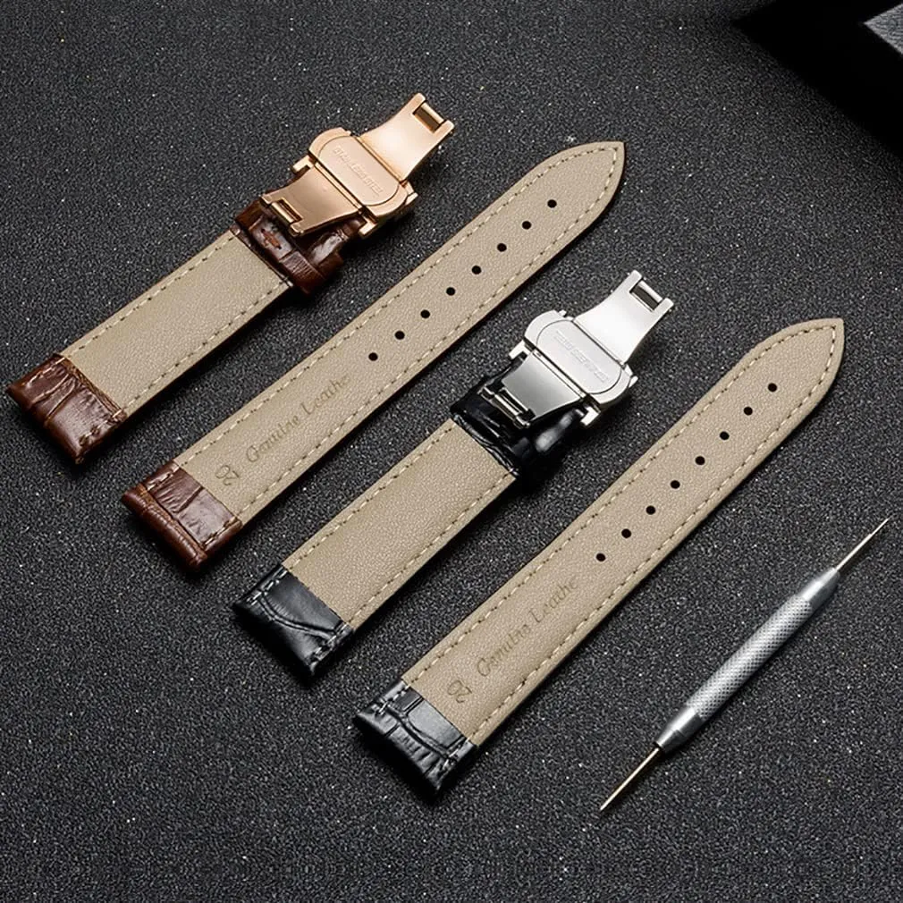 Deployment Butterfly Buckle Replacement Strap for Men Women 18mm 20mm pheromone buck 22mm 24mm Genuine Calfskin Leather Watch Band,Alligator Grain 