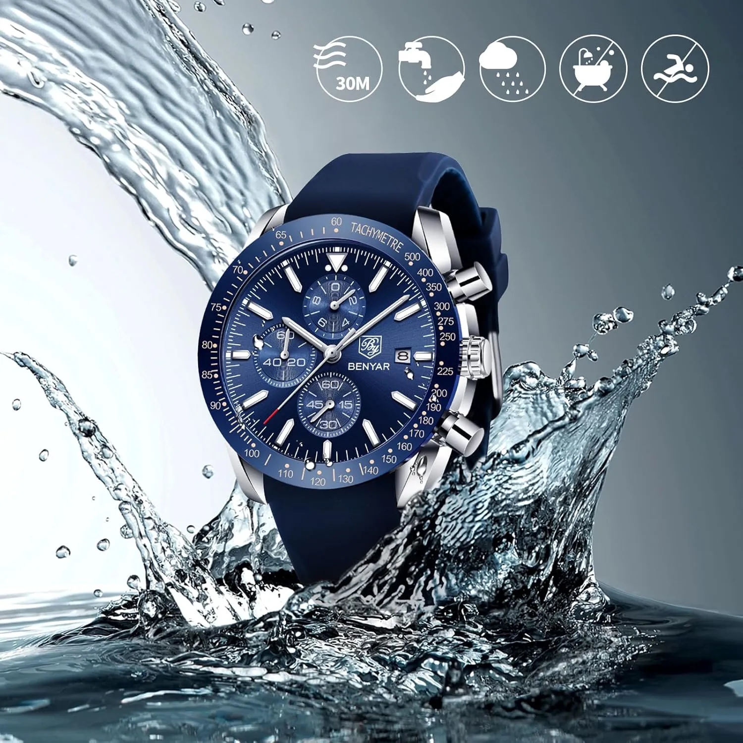 Design 30M lateral smelter Waterproof Scratch Resistant Elegant Gifts for Men BENYAR Mens Watches Quartz Movement Chronograph Leather Strap Fashion Business Sport 