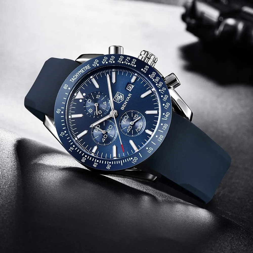 Design 30M lateral smelter Waterproof Scratch Resistant Elegant Gifts for Men BENYAR Mens Watches Quartz Movement Chronograph Leather Strap Fashion Business Sport 