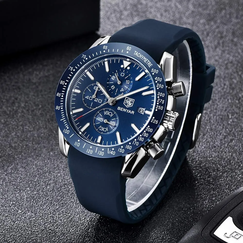 Design 30M lateral smelter Waterproof Scratch Resistant Elegant Gifts for Men BENYAR Mens Watches Quartz Movement Chronograph Leather Strap Fashion Business Sport 