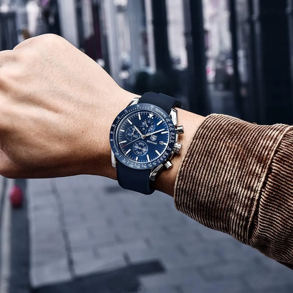 Design 30M lateral smelter Waterproof Scratch Resistant Elegant Gifts for Men BENYAR Mens Watches Quartz Movement Chronograph Leather Strap Fashion Business Sport 
