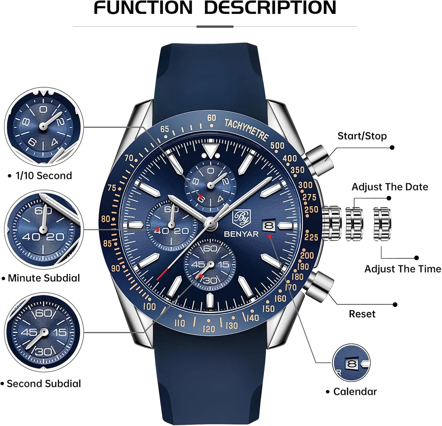 Design 30M lateral smelter Waterproof Scratch Resistant Elegant Gifts for Men BENYAR Mens Watches Quartz Movement Chronograph Leather Strap Fashion Business Sport 