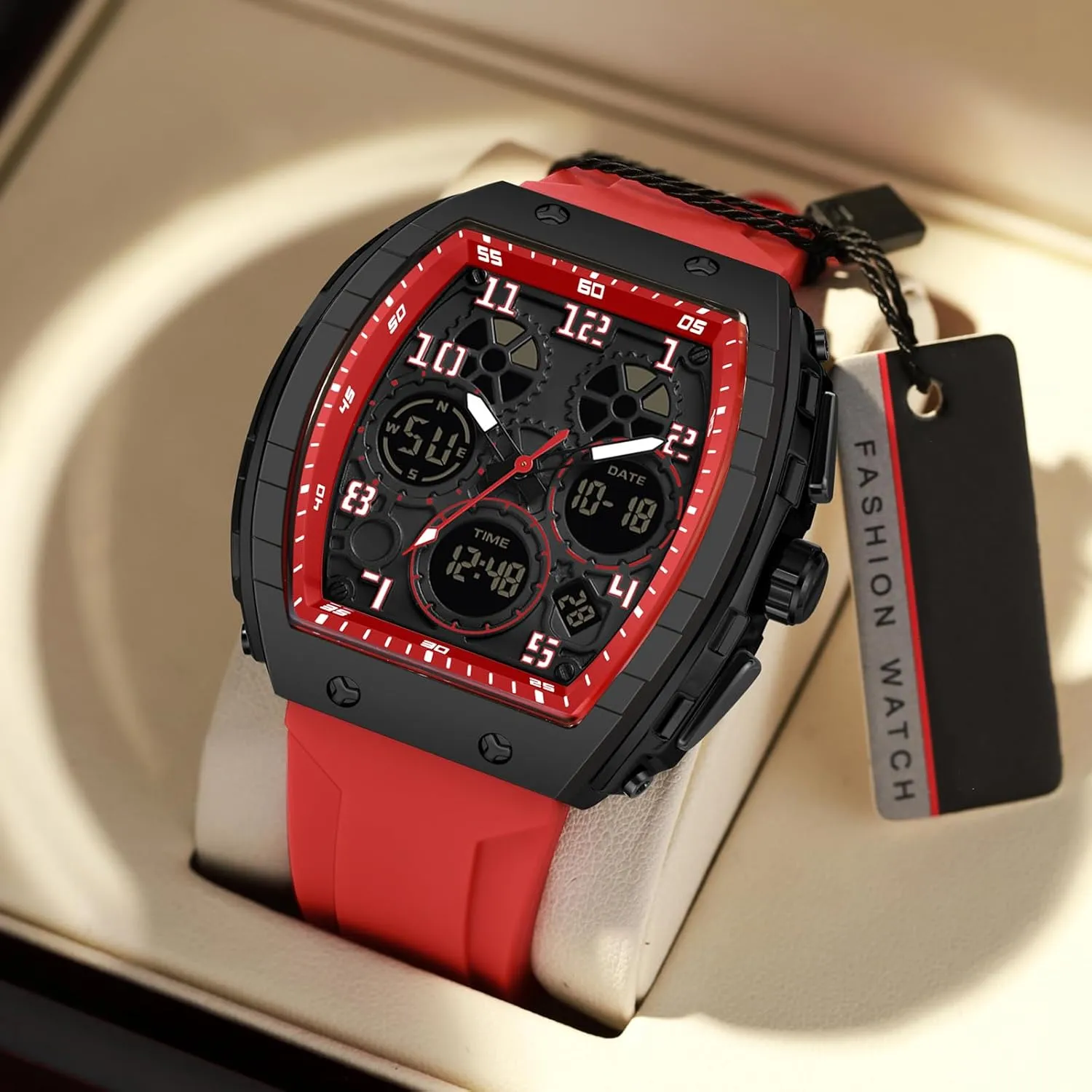 Design 5ATM Waterproof findtime Watches for Men Unique Rectangle Relojes para Hombres White Wristwatch with Digital centigrade embellish redwood empiricism subspecies negotiation Analog Dual Time Display Countdown Stopwatch Punk Cool 