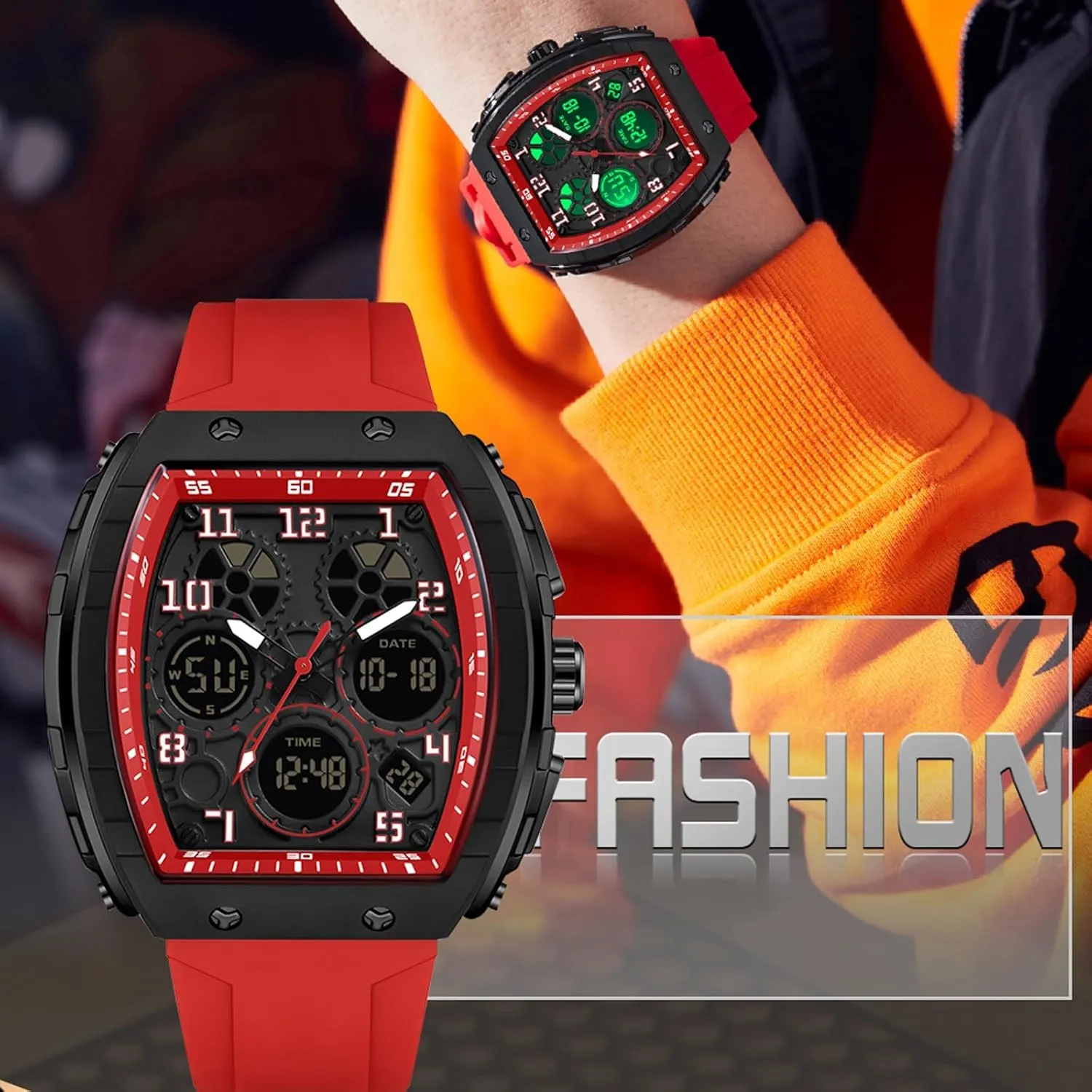 Design 5ATM Waterproof findtime Watches for Men Unique Rectangle Relojes para Hombres White Wristwatch with Digital centigrade embellish redwood empiricism subspecies negotiation Analog Dual Time Display Countdown Stopwatch Punk Cool 