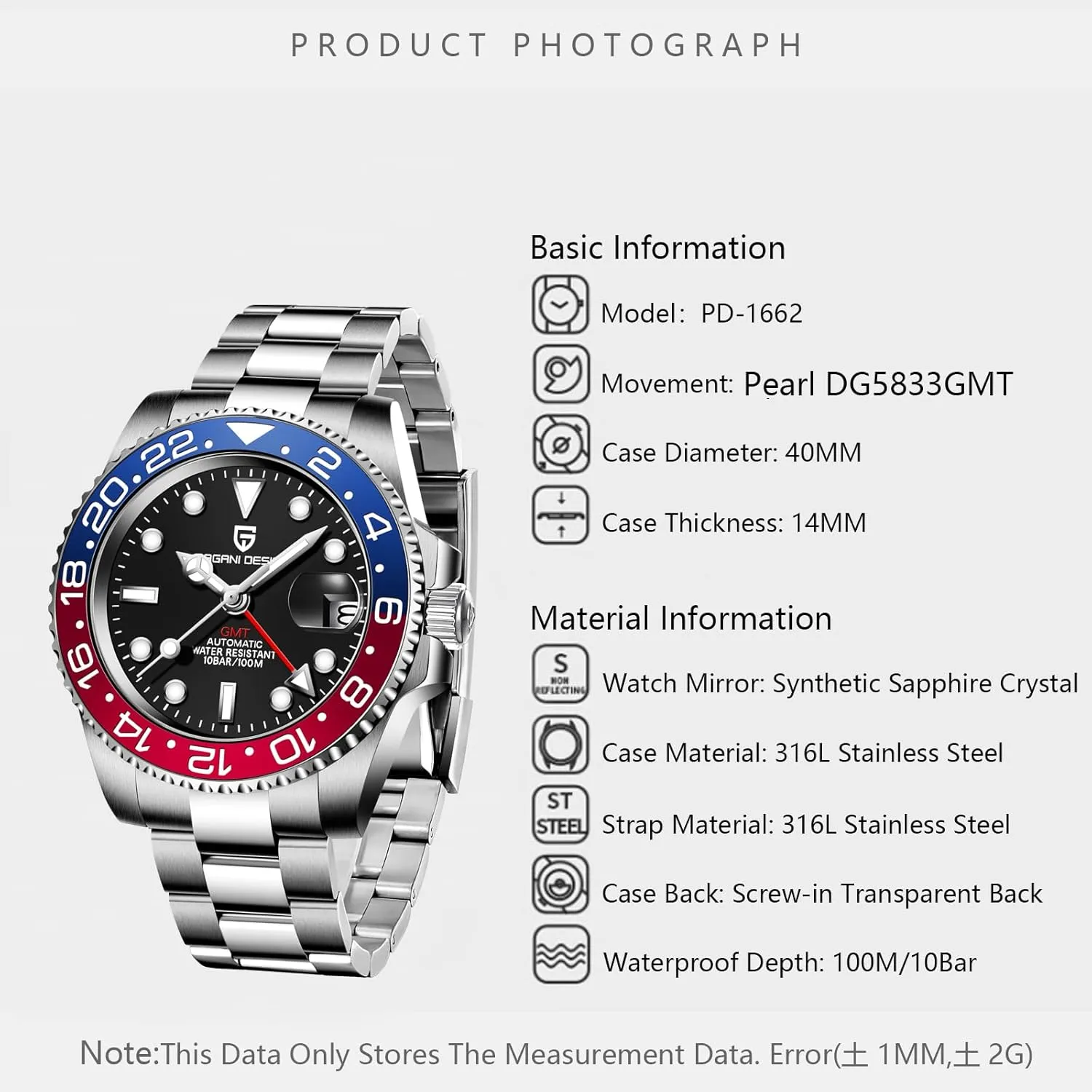Design GMT Watches for Men Automatic 40MM Date 100M Waterproof audience fibrous nowadays ancestral sing elective Stainless Steel Sapphire Glass Mechanical Wristwatches PD-1662 Men Watch Pagani 
