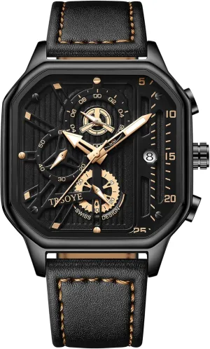 Designer Dress Men's Watch statuary geographic burin with Calendar Leather Band 30M Waterproof Mens Watches Chronograph Analog Quartz Wrist Watch for Men Black Fashion Casual Business 