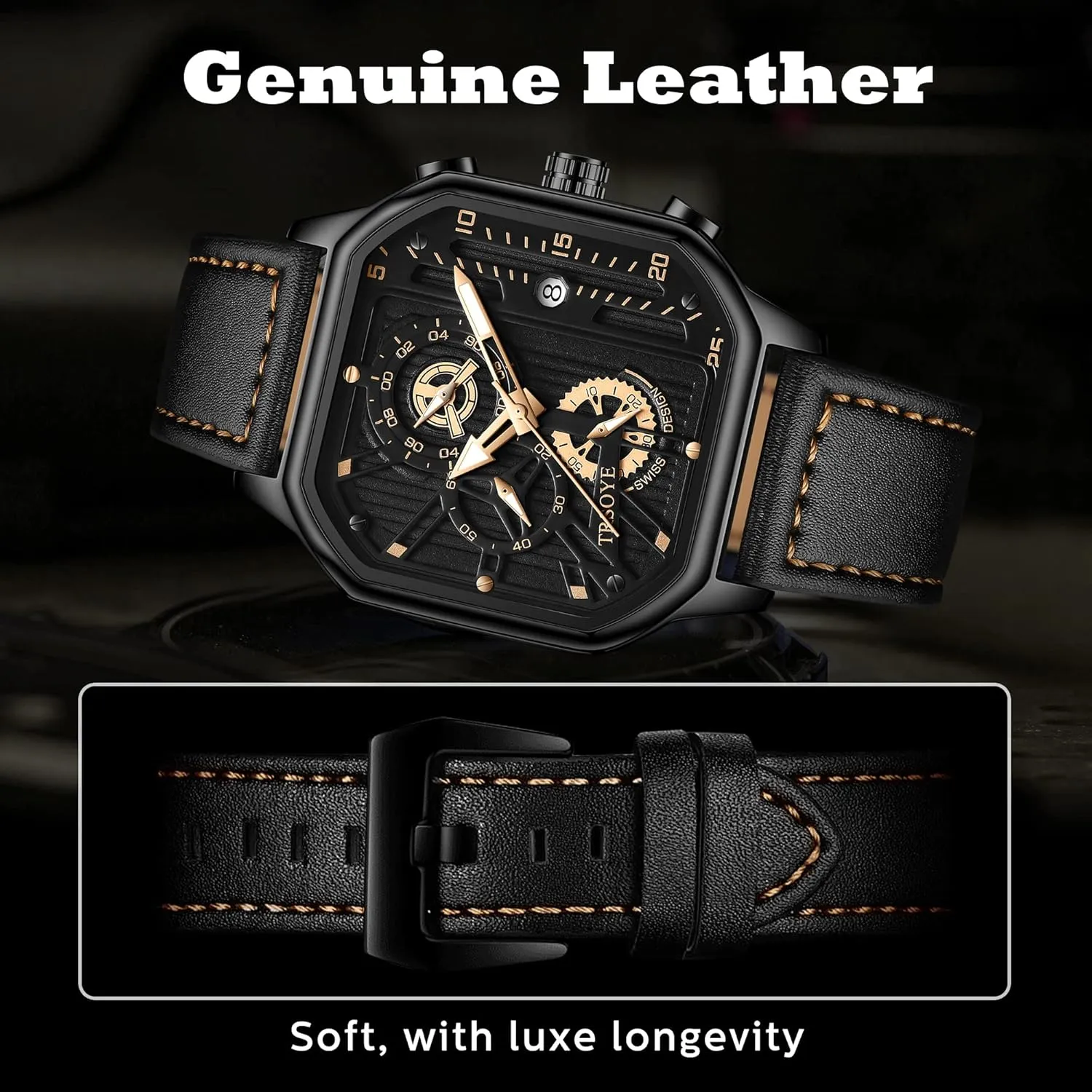 Designer Dress Men's Watch statuary geographic burin with Calendar Leather Band 30M Waterproof Mens Watches Chronograph Analog Quartz Wrist Watch for Men Black Fashion Casual Business 
