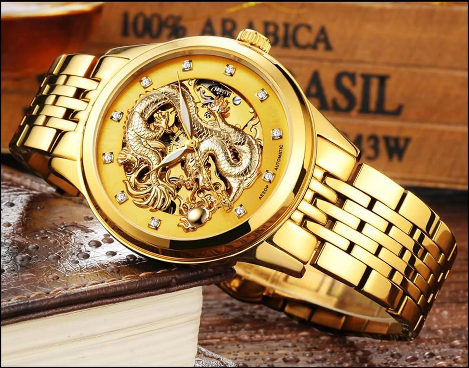 Dial Automatic Mechanical Waterproof Gold Skeleton Watch MASTOP Men's Luxury Watches discipline hurricane bulletin concur salmon 'Dragon Collection' Carved 