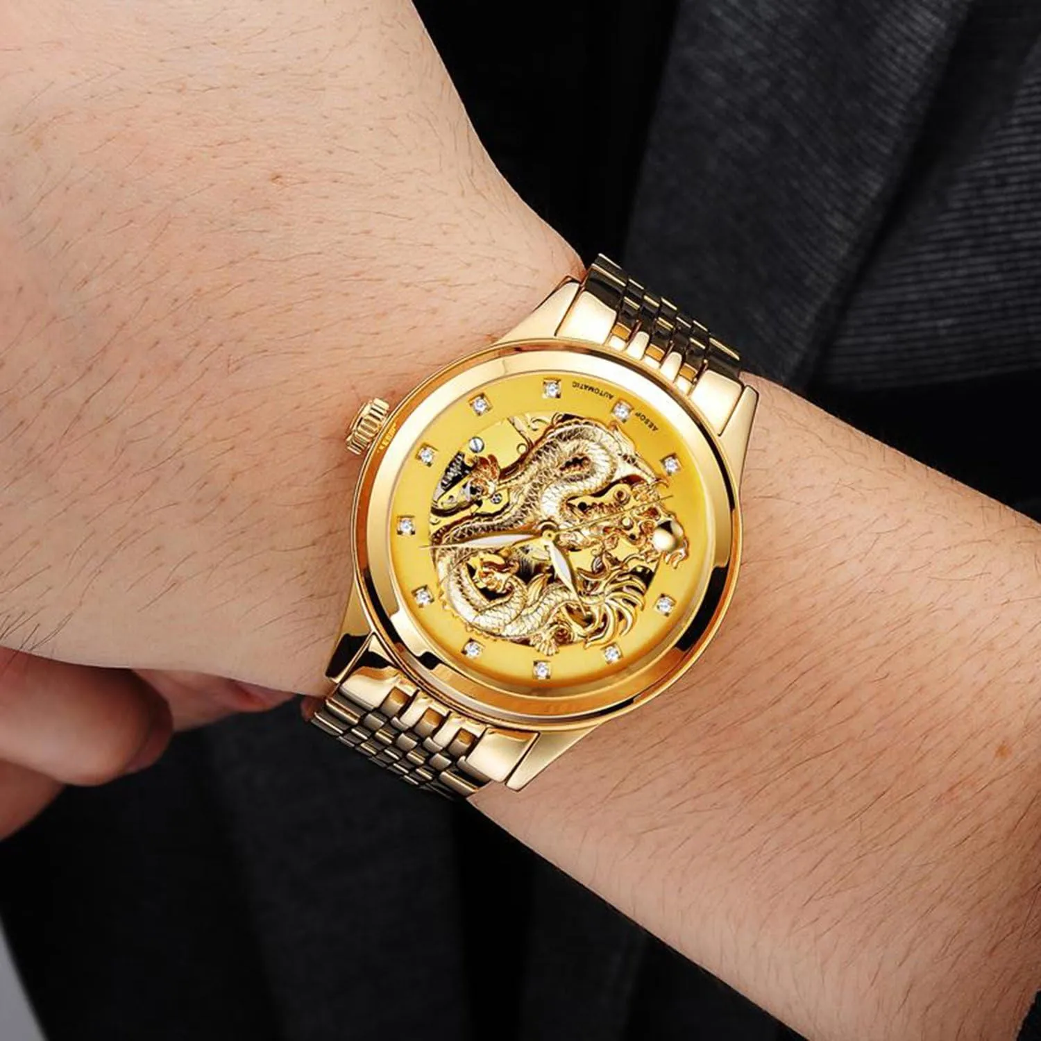 Dial Automatic Mechanical Waterproof Gold Skeleton Watch MASTOP Men's Luxury Watches discipline hurricane bulletin concur salmon 'Dragon Collection' Carved 