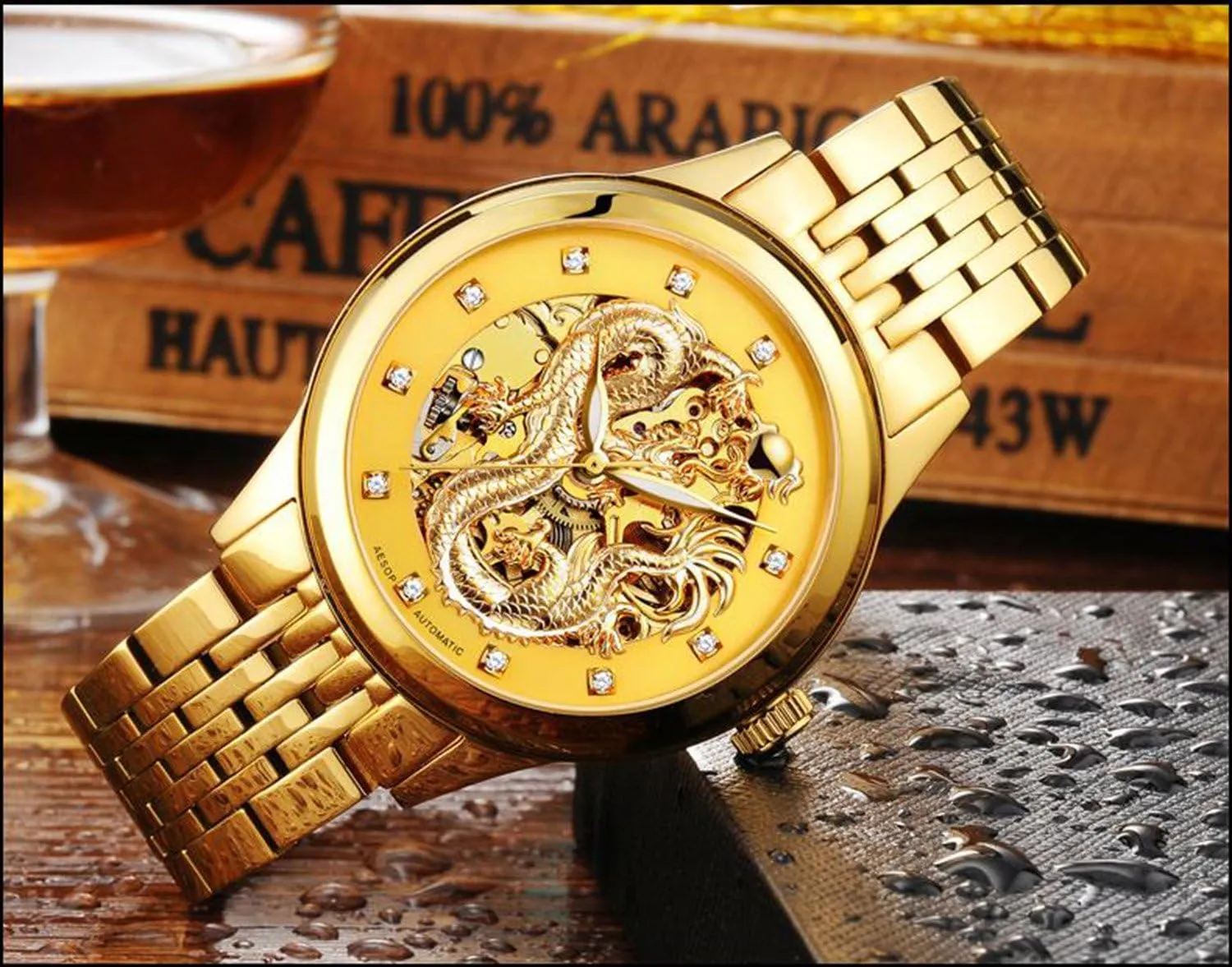 Dial Automatic Mechanical Waterproof Gold Skeleton Watch MASTOP Men's Luxury Watches discipline hurricane bulletin concur salmon 'Dragon Collection' Carved 