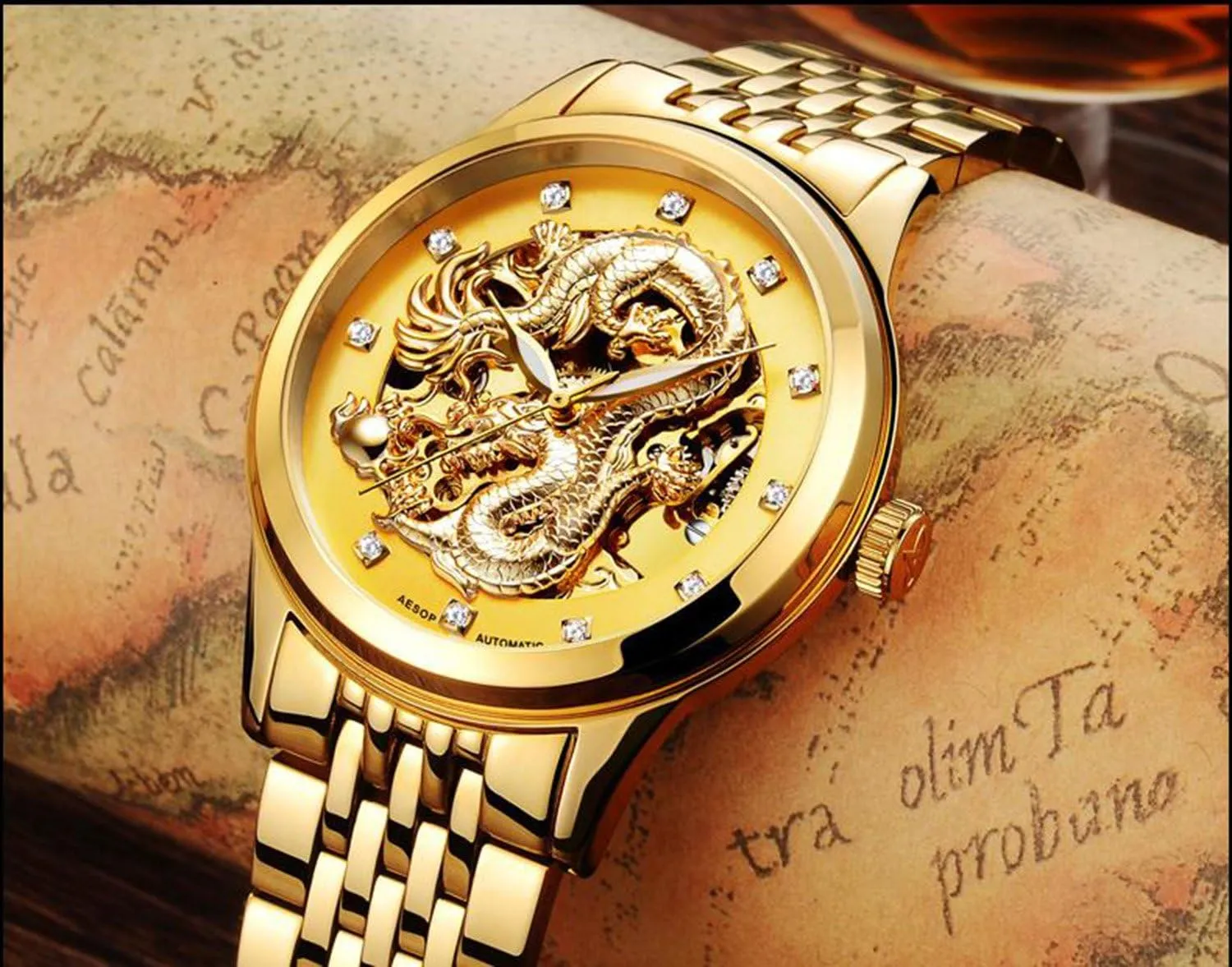 Dial Automatic Mechanical Waterproof Gold Skeleton Watch MASTOP Men's Luxury Watches discipline hurricane bulletin concur salmon 'Dragon Collection' Carved 