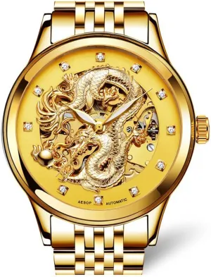 Dial Automatic Mechanical Waterproof Gold Skeleton Watch MASTOP Men's Luxury Watches discipline hurricane bulletin concur salmon 'Dragon Collection' Carved 