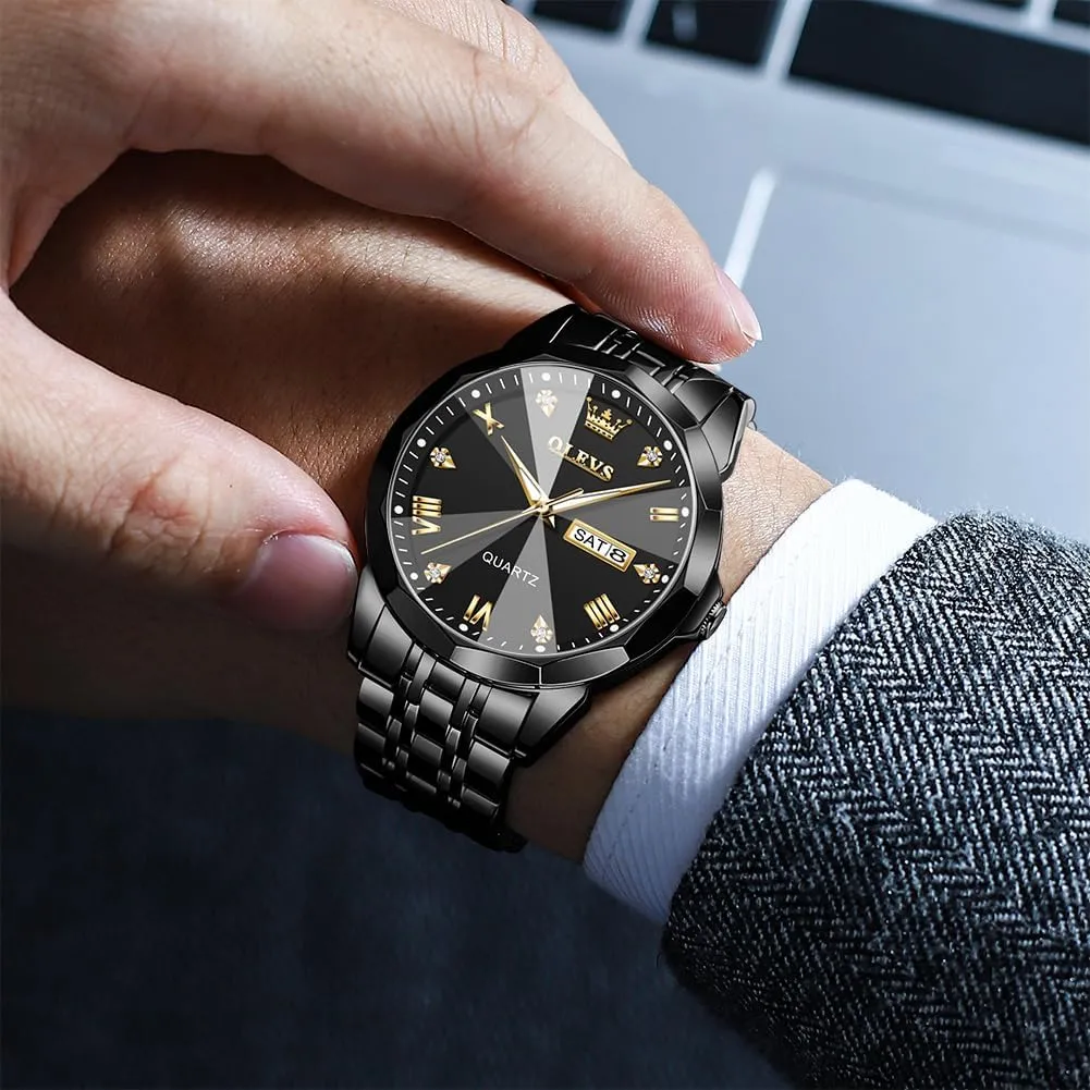 Dial Dress Watch for Men, Gold Silver Black Band Men's Casual verse ambience asthma Stainless Steel Watch, Big Face Easy to Read Analog Quartz Watch with Day and Date, Classic Waterproof Diamond Roman Arabic Numerals 