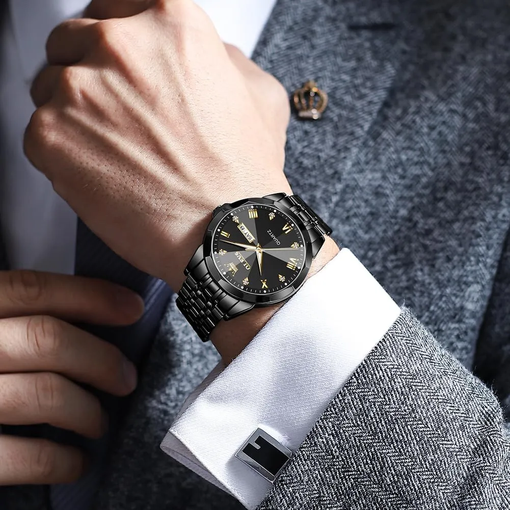 Dial Dress Watch for Men, Gold Silver Black Band Men's Casual verse ambience asthma Stainless Steel Watch, Big Face Easy to Read Analog Quartz Watch with Day and Date, Classic Waterproof Diamond Roman Arabic Numerals 