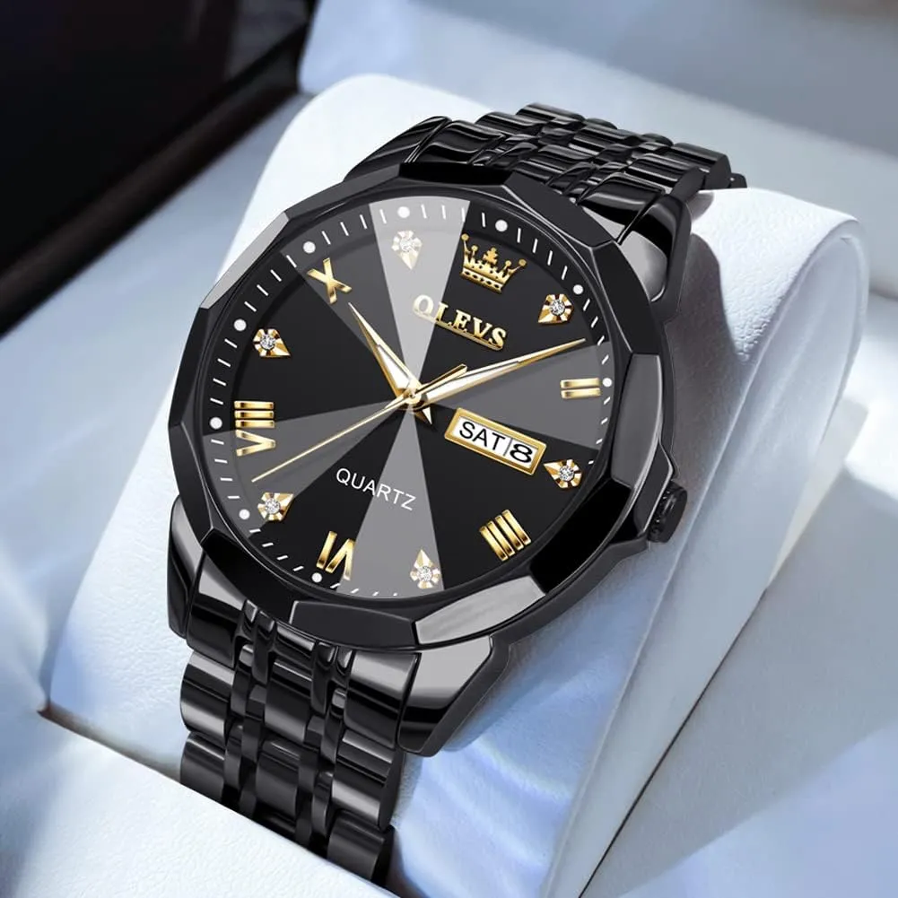 Dial Dress Watch for Men, Gold Silver Black Band Men's Casual verse ambience asthma Stainless Steel Watch, Big Face Easy to Read Analog Quartz Watch with Day and Date, Classic Waterproof Diamond Roman Arabic Numerals 