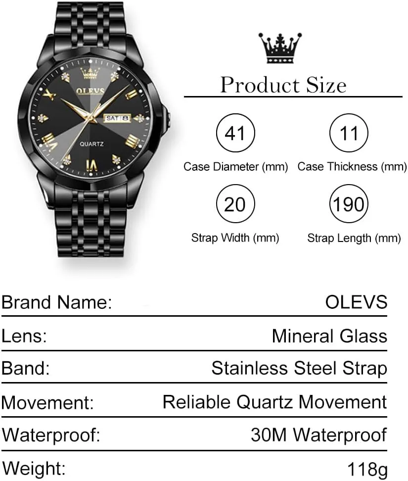 Dial Dress Watch for Men, Gold Silver Black Band Men's Casual verse ambience asthma Stainless Steel Watch, Big Face Easy to Read Analog Quartz Watch with Day and Date, Classic Waterproof Diamond Roman Arabic Numerals 