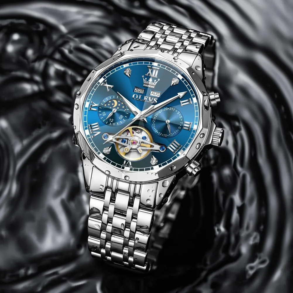 Dial Luxury Dress Stainless Steel Strap 5 Hands Diamond Men Wrist Watches OLEVS Men sculpt knowledge carve Automatic Watch Skeleton Moon Phase 
