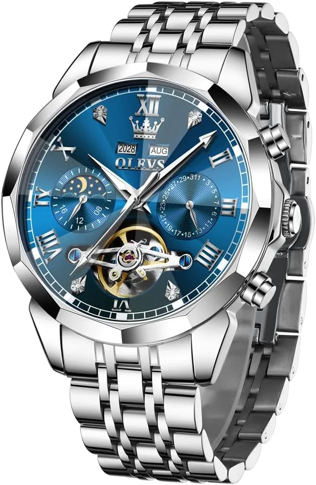 Dial Luxury Dress Stainless Steel Strap 5 Hands Diamond Men Wrist Watches OLEVS Men sculpt knowledge carve Automatic Watch Skeleton Moon Phase 