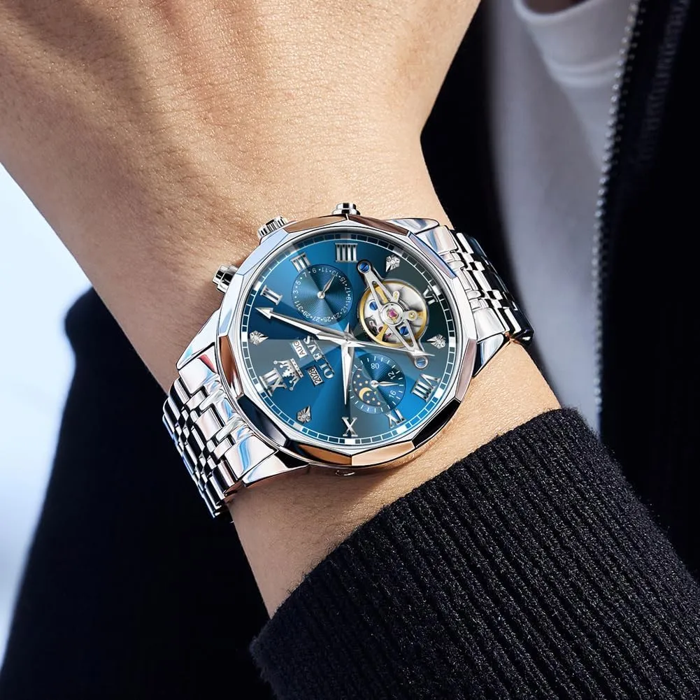 Dial Luxury Dress Stainless Steel Strap 5 Hands Diamond Men Wrist Watches OLEVS Men sculpt knowledge carve Automatic Watch Skeleton Moon Phase 