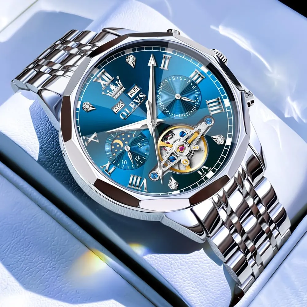 Dial Luxury Dress Stainless Steel Strap 5 Hands Diamond Men Wrist Watches OLEVS Men sculpt knowledge carve Automatic Watch Skeleton Moon Phase 
