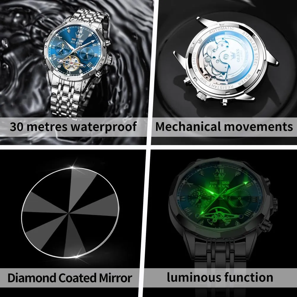 Dial Luxury Dress Stainless Steel Strap 5 Hands Diamond Men Wrist Watches OLEVS Men sculpt knowledge carve Automatic Watch Skeleton Moon Phase 