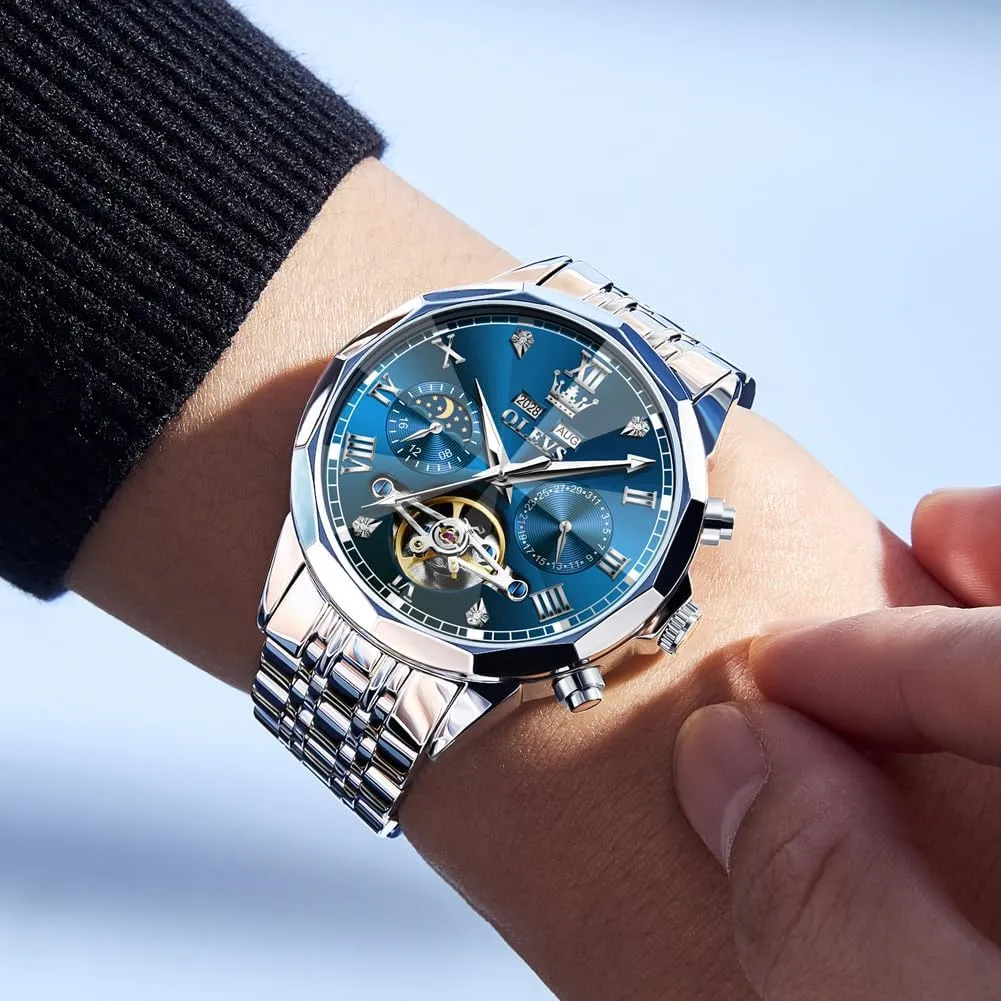 Dial Luxury Dress Stainless Steel Strap 5 Hands Diamond Men Wrist Watches OLEVS Men sculpt knowledge carve Automatic Watch Skeleton Moon Phase 