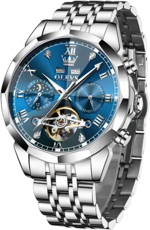 Dial Luxury Dress Stainless Steel Strap 5 Hands Diamond Men Wrist Watches OLEVS Men sculpt knowledge carve Automatic Watch Skeleton Moon Phase 