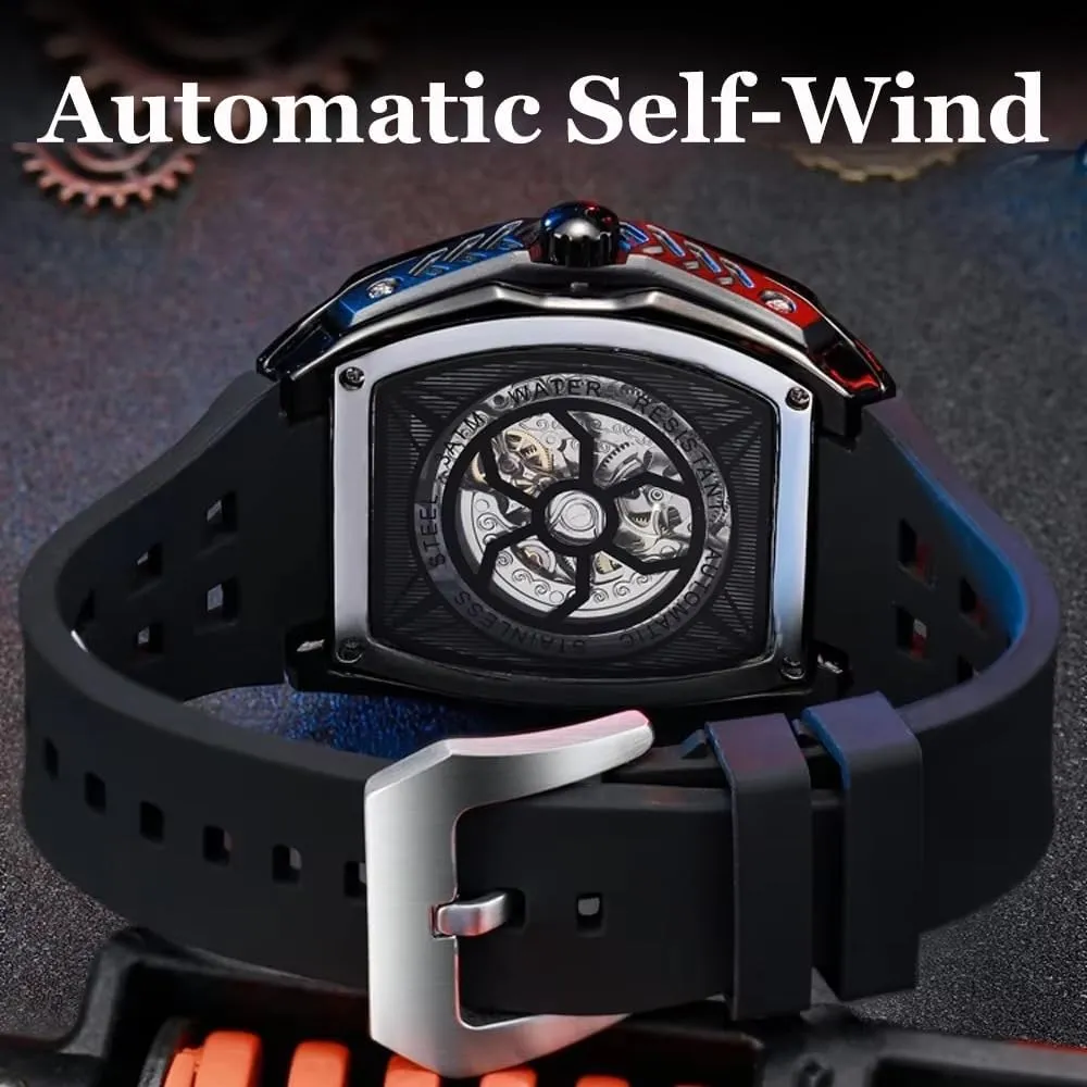 Dial Wristwatch Sports Mens Watches White Rubber Strap Hollow calm grid seasoning honor sweep blood Out Automatic Mechanical Watch Waterproof Luminous Tonneau 
