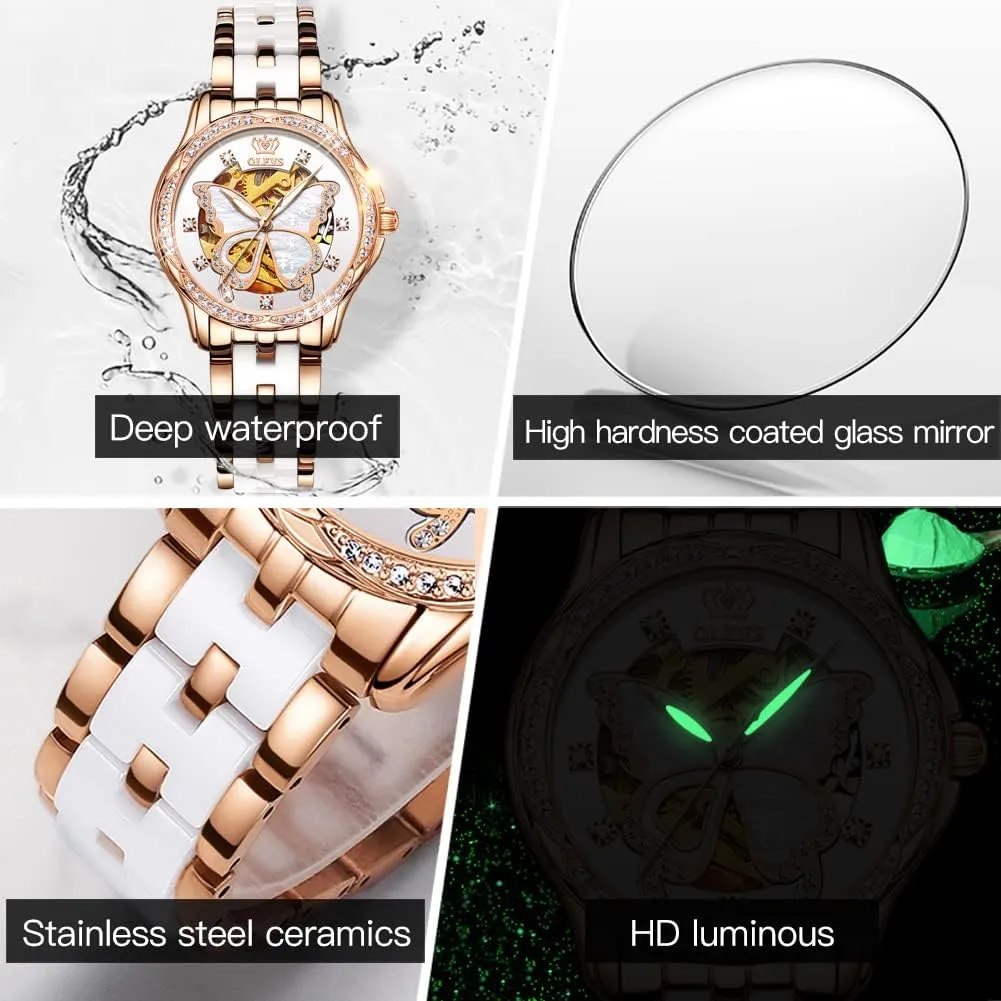 Diamond Love enclose plover Heart Dial Fashion Elegant Dress Ladies Wrist Watches Waterproof Luminous OLEVS Women Automatic Mechanical Watches Self Winding Rose Gold Two Tone Ceramic Strap 