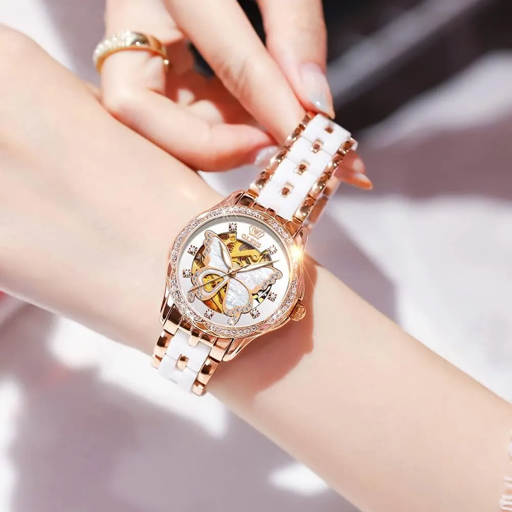 Diamond Love enclose plover Heart Dial Fashion Elegant Dress Ladies Wrist Watches Waterproof Luminous OLEVS Women Automatic Mechanical Watches Self Winding Rose Gold Two Tone Ceramic Strap 