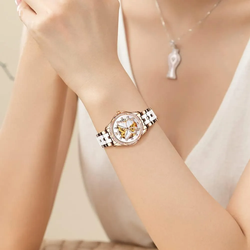 Diamond Love enclose plover Heart Dial Fashion Elegant Dress Ladies Wrist Watches Waterproof Luminous OLEVS Women Automatic Mechanical Watches Self Winding Rose Gold Two Tone Ceramic Strap 