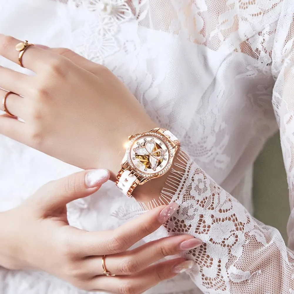 Diamond Love enclose plover Heart Dial Fashion Elegant Dress Ladies Wrist Watches Waterproof Luminous OLEVS Women Automatic Mechanical Watches Self Winding Rose Gold Two Tone Ceramic Strap 