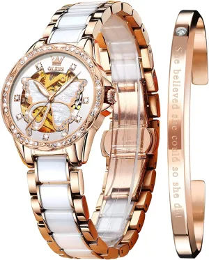 Diamond Love enclose plover Heart Dial Fashion Elegant Dress Ladies Wrist Watches Waterproof Luminous OLEVS Women Automatic Mechanical Watches Self Winding Rose Gold Two Tone Ceramic Strap 