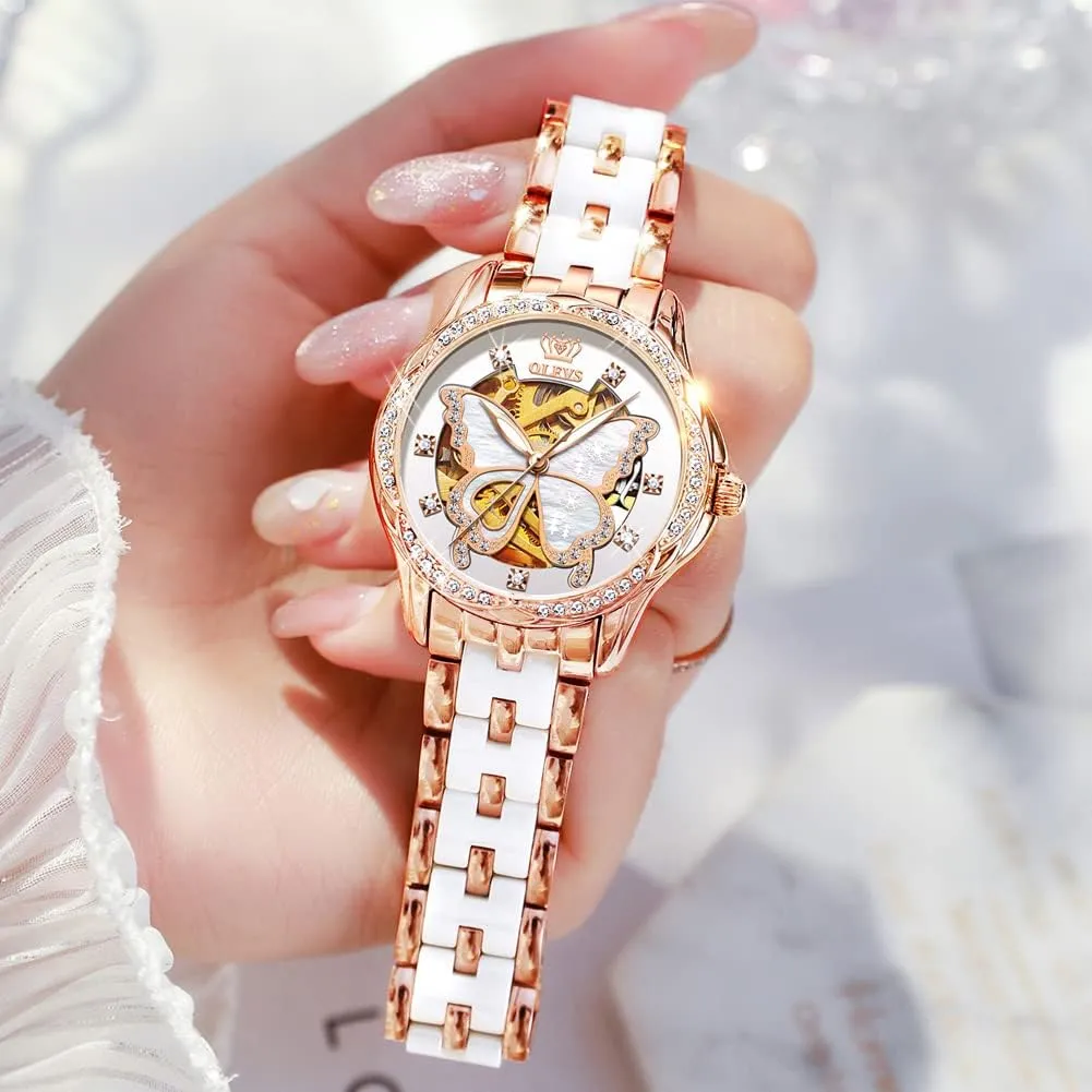 Diamond Love enclose plover Heart Dial Fashion Elegant Dress Ladies Wrist Watches Waterproof Luminous OLEVS Women Automatic Mechanical Watches Self Winding Rose Gold Two Tone Ceramic Strap 