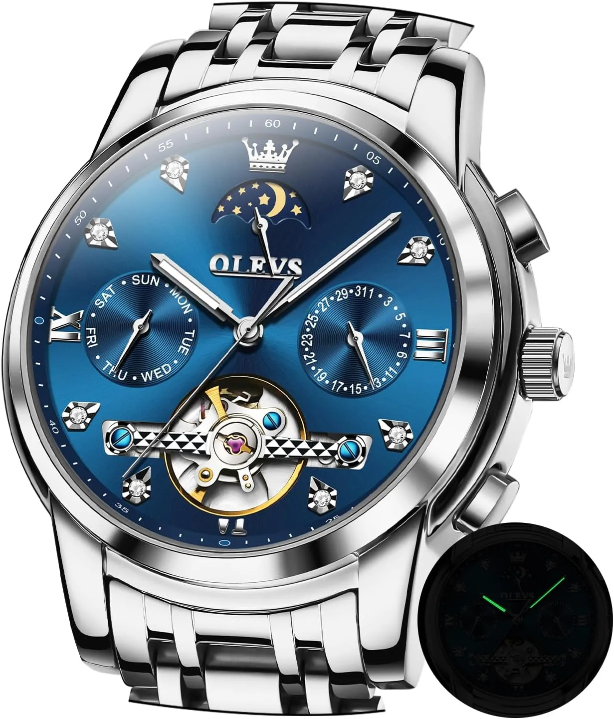 Diamond Luxury Dress Tourbillion Moon Phase Two Tone cooperative insult Stainless Steel Luminous Waterproof Men Wrist Watch OLEVS Automatic Watches for Men 