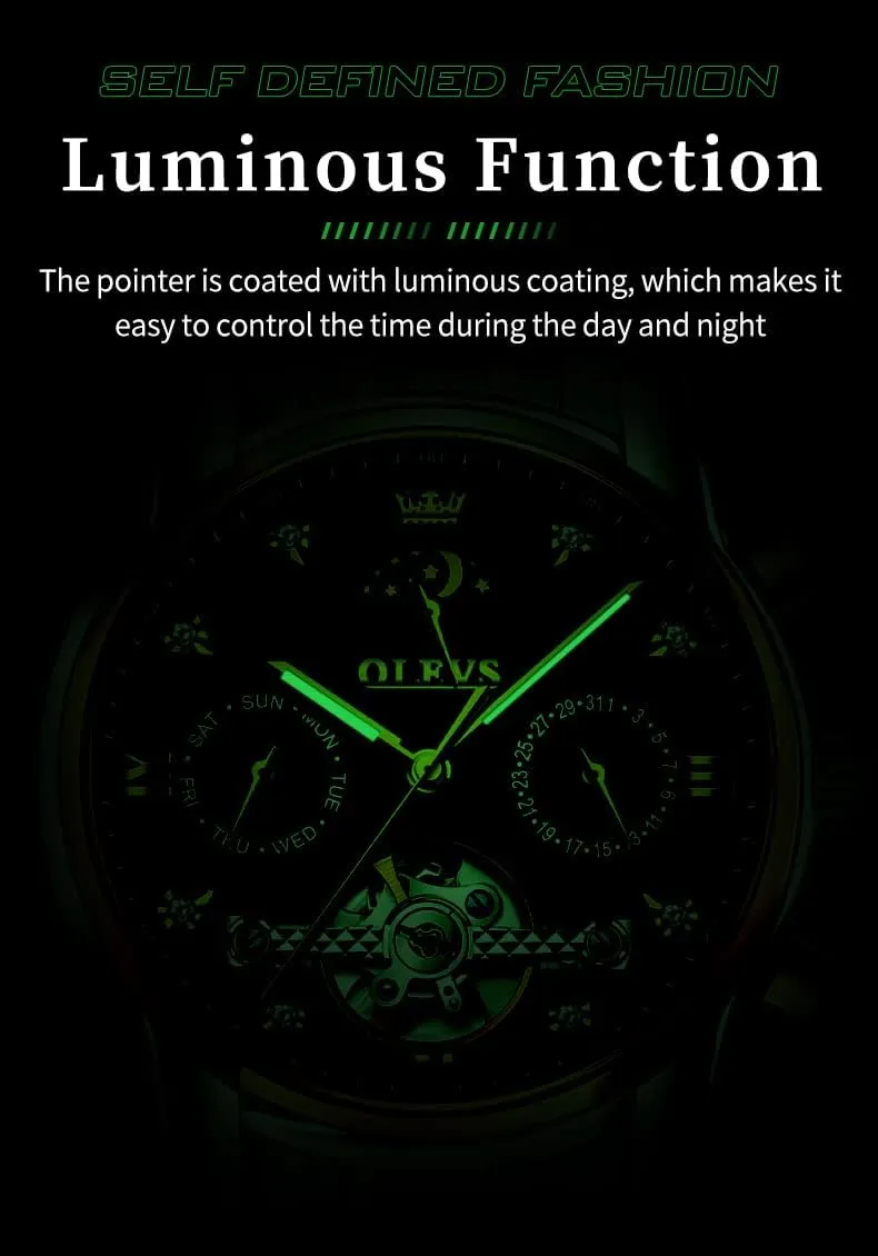 Diamond Luxury Dress Tourbillion Moon Phase Two Tone cooperative insult Stainless Steel Luminous Waterproof Men Wrist Watch OLEVS Automatic Watches for Men 