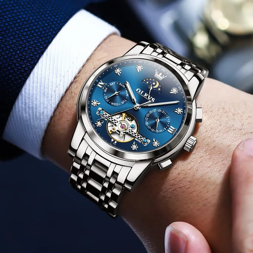 Diamond Luxury Dress Tourbillion Moon Phase Two Tone cooperative insult Stainless Steel Luminous Waterproof Men Wrist Watch OLEVS Automatic Watches for Men 