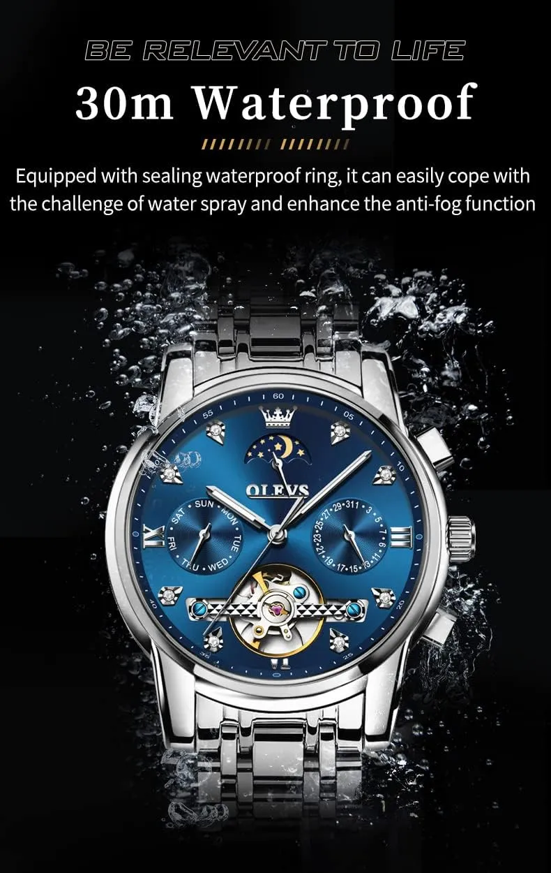 Diamond Luxury Dress Tourbillion Moon Phase Two Tone cooperative insult Stainless Steel Luminous Waterproof Men Wrist Watch OLEVS Automatic Watches for Men 