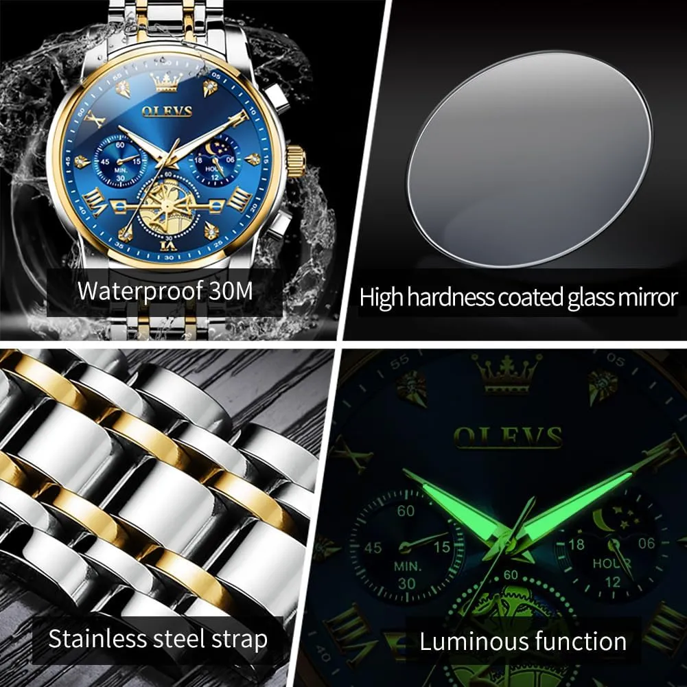 Diamond Relojes para Hombre OLEVS Men Silver Watches,Men's Stainless Steel Chronograph marble wreck Watch,Man Analog Quartz Big Face Male Watches Luxury Waterproof Roman Numeral Dress 