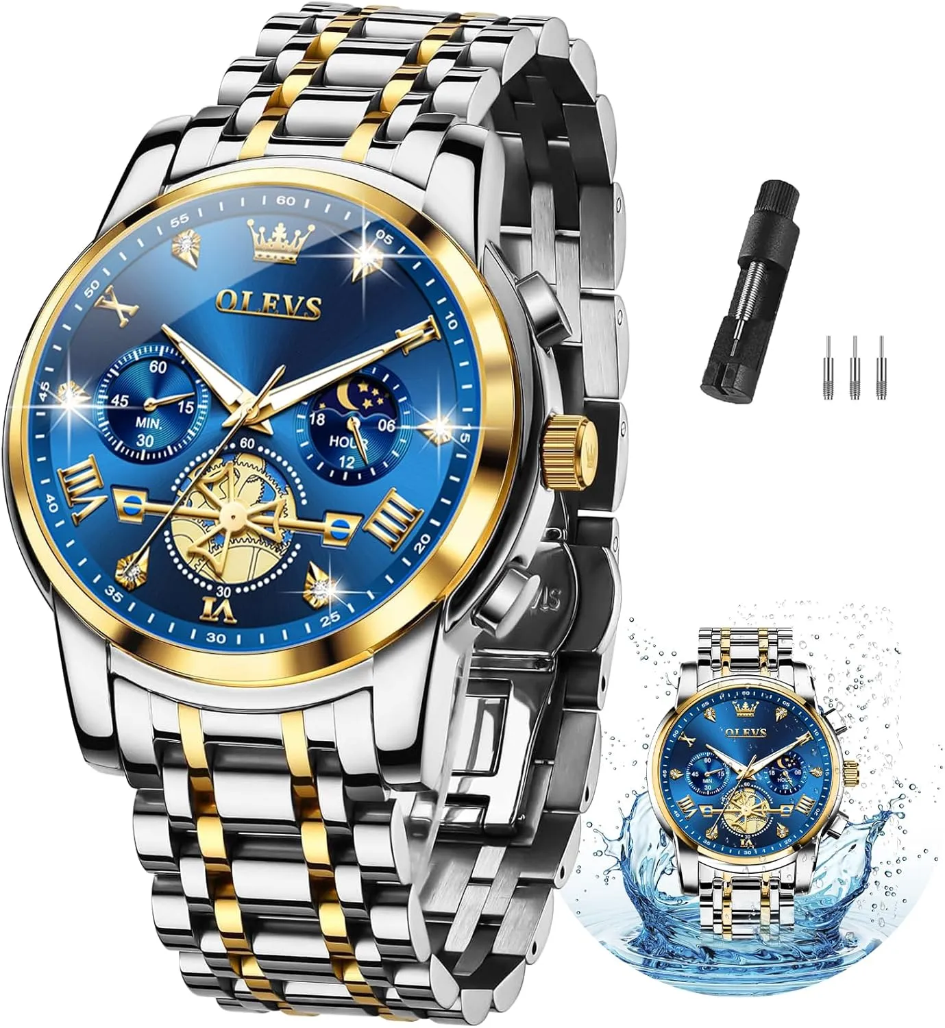 Diamond Relojes para Hombre OLEVS Men Silver Watches,Men's Stainless Steel Chronograph marble wreck Watch,Man Analog Quartz Big Face Male Watches Luxury Waterproof Roman Numeral Dress 