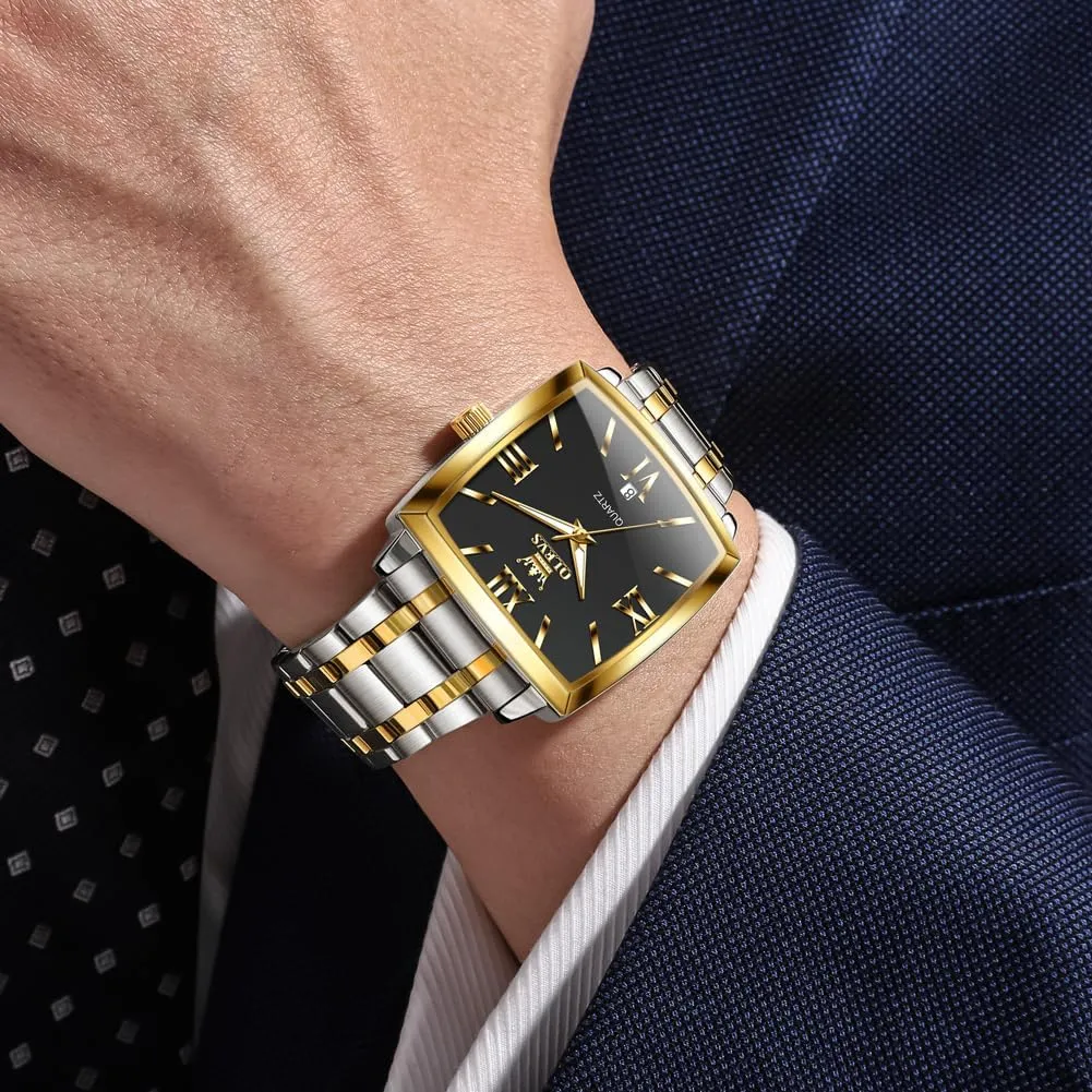 Diamond Watch Fashion Dress Analog Quartz Mens consultant Watches Rectangular Waterproof Stainless Steel Luminous with Date Watches for Men(Silver/Rose Gold) OLEVS Mens Tank Watch Minimalist 