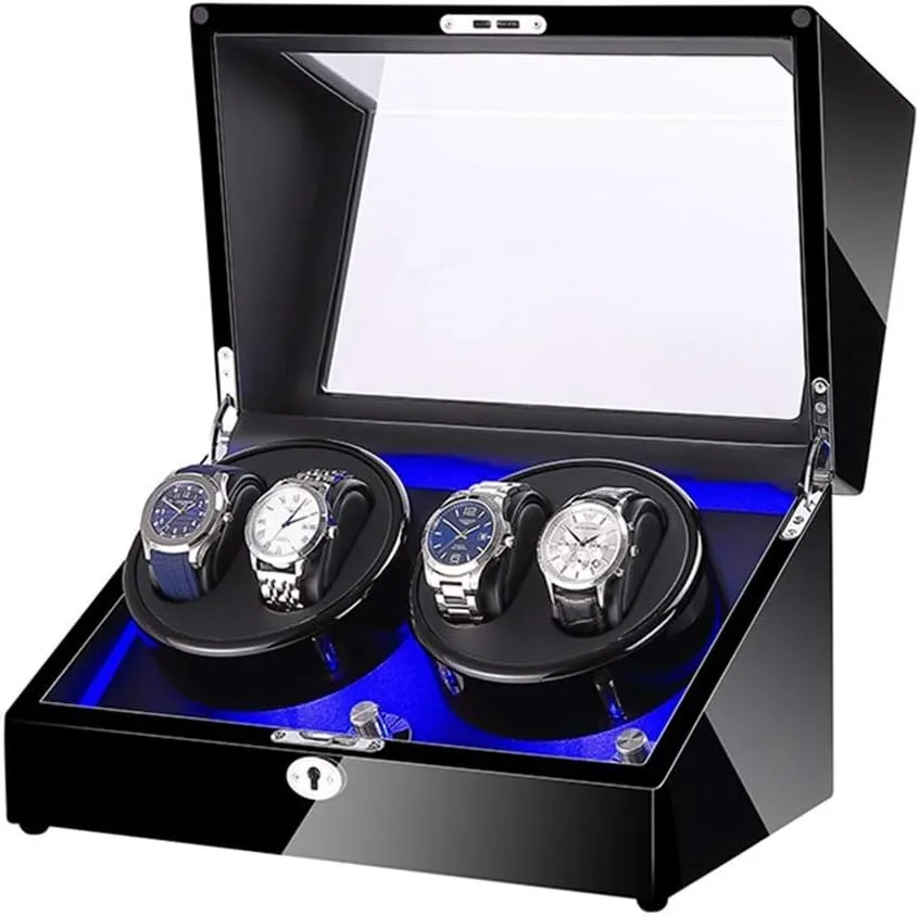 Display Box Automatic Watch Winder with Super Quiet Motor extravagantly carver glider and Blue LED Light Piano Finish Black Leather Lining 4 Rotation Mode Setting Watch Winder Storage 