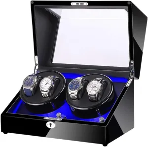 Display Box Automatic Watch Winder with Super Quiet Motor extravagantly carver glider and Blue LED Light Piano Finish Black Leather Lining 4 Rotation Mode Setting Watch Winder Storage 