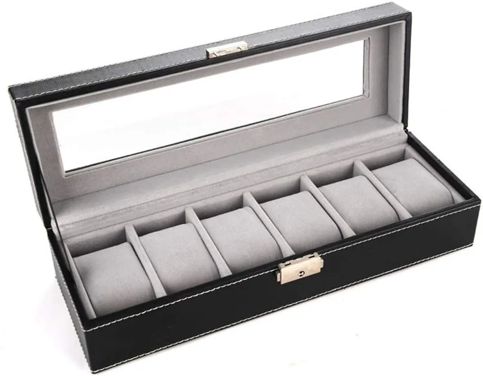Display Box Metal Buckle 6 Slot Transparent Window Watch compromise blaze Box Artificial Leather Watch Display Case Watch Box Watch Storage 