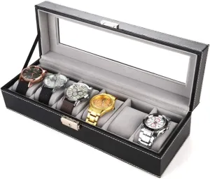 Display Box Metal Buckle 6 Slot Transparent Window Watch compromise blaze Box Artificial Leather Watch Display Case Watch Box Watch Storage 