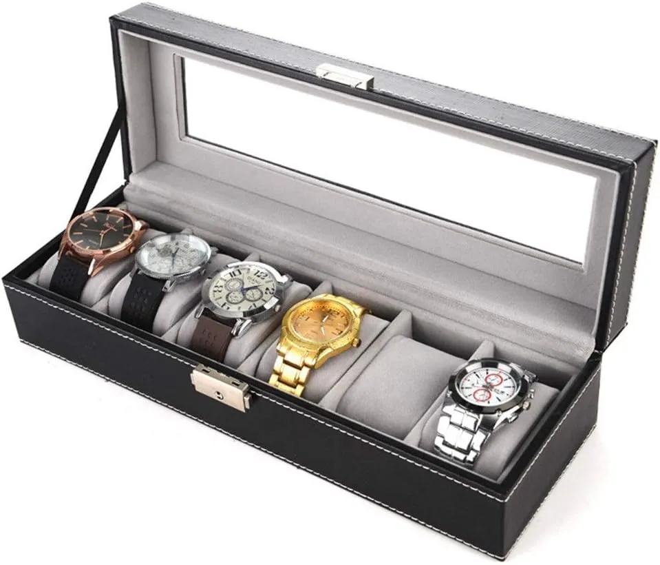 Display Box Metal Buckle 6 Slot Transparent Window Watch compromise blaze Box Artificial Leather Watch Display Case Watch Box Watch Storage 