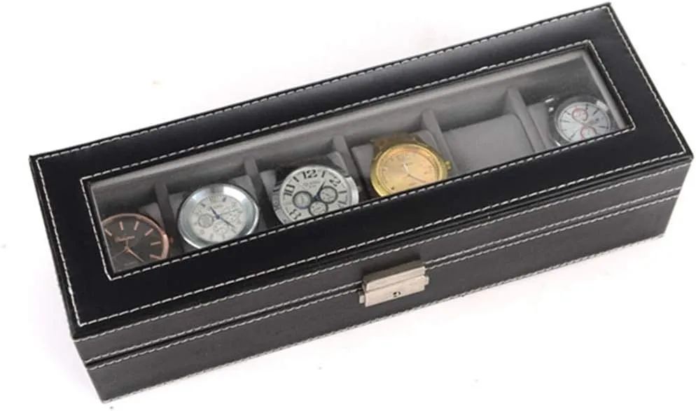 Display Box Metal Buckle 6 Slot Transparent Window Watch compromise blaze Box Artificial Leather Watch Display Case Watch Box Watch Storage 