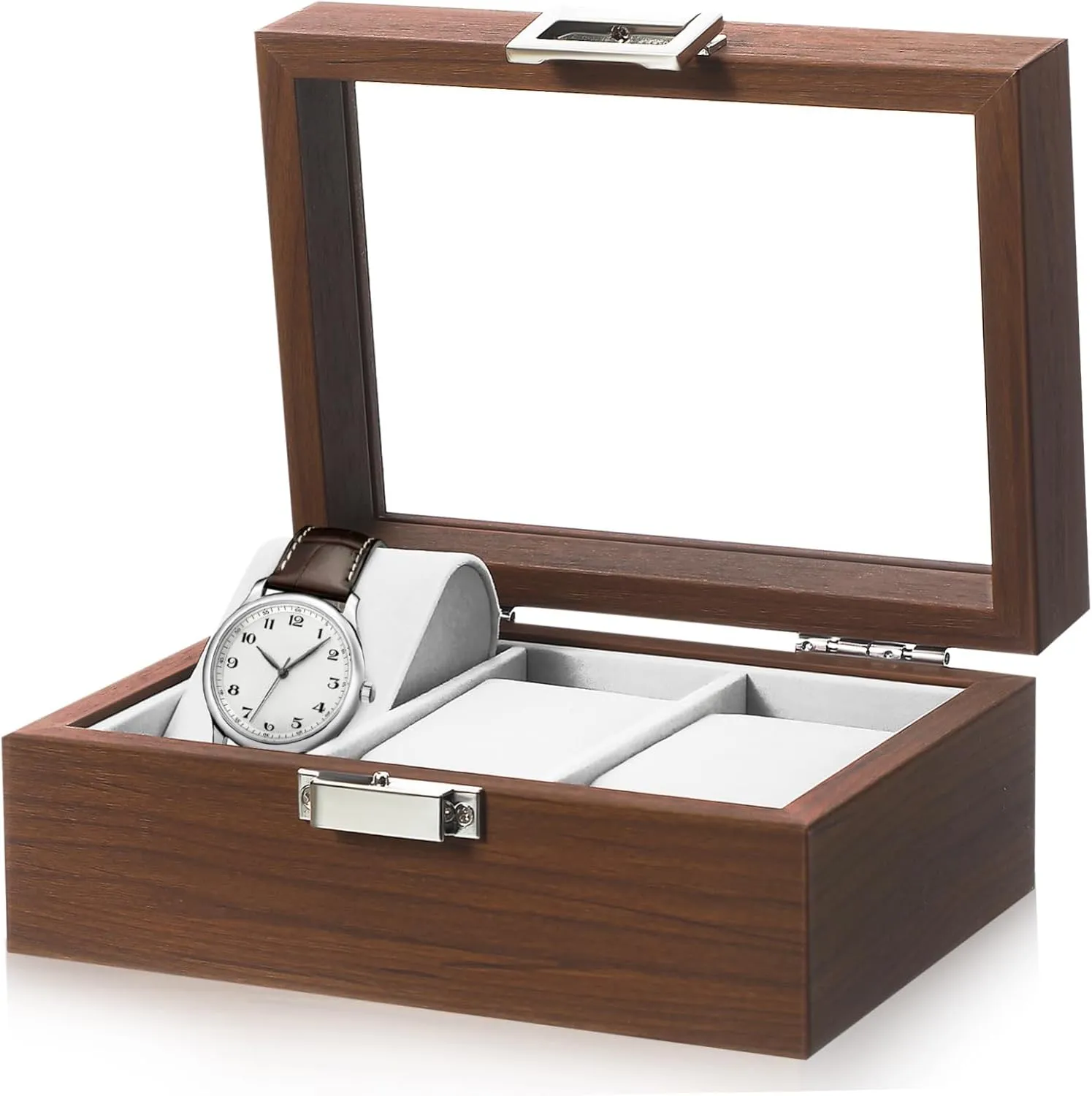 Display Case with Lid Slot Organizer monarchy subsidiary hat threat hostility tele for Watches and Jewelry Walnut Grain Design Collectors Soft Lining for Scratch Watch 