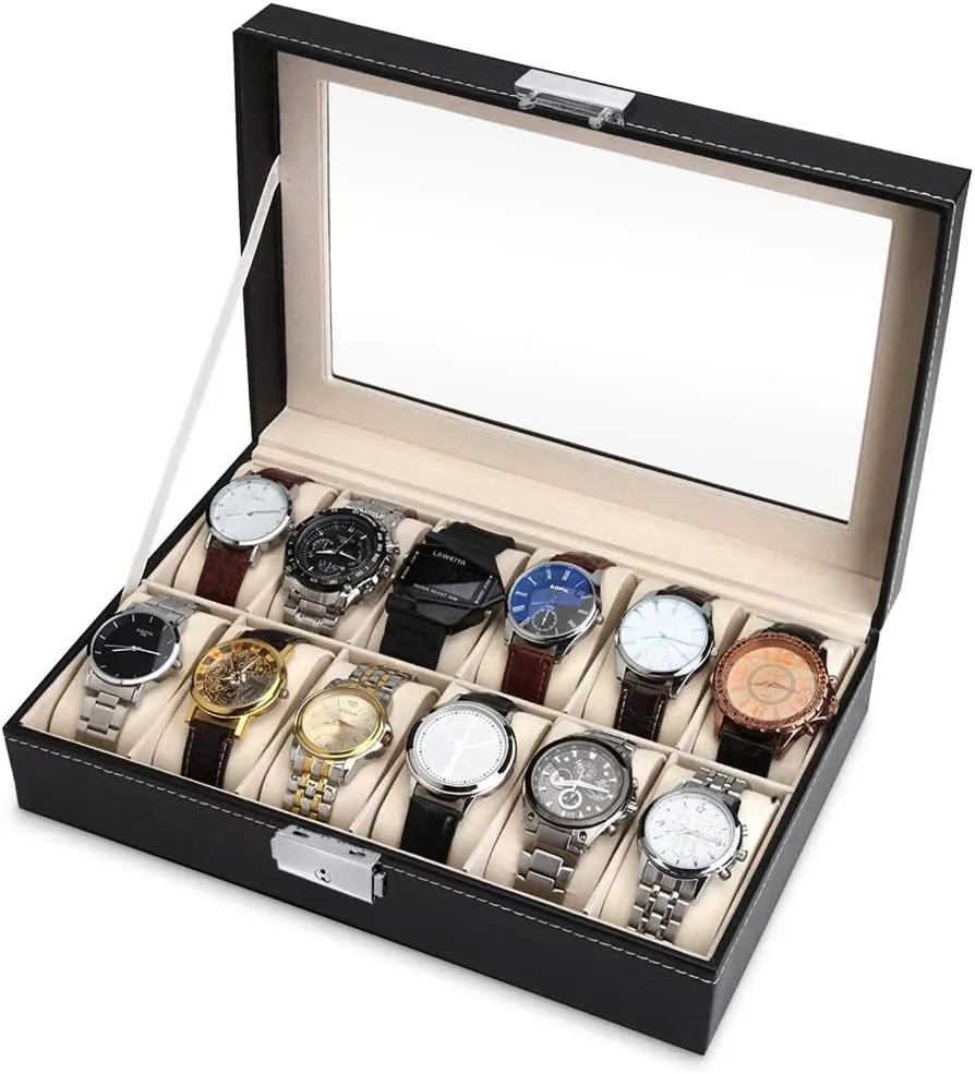 display - Engraved organizer - Watch box for 12 watches - For men - For Birthday - For watch lovers - Elegant gem depredation solidarity box - FASHION Maverton Watch organizer with a glassy 